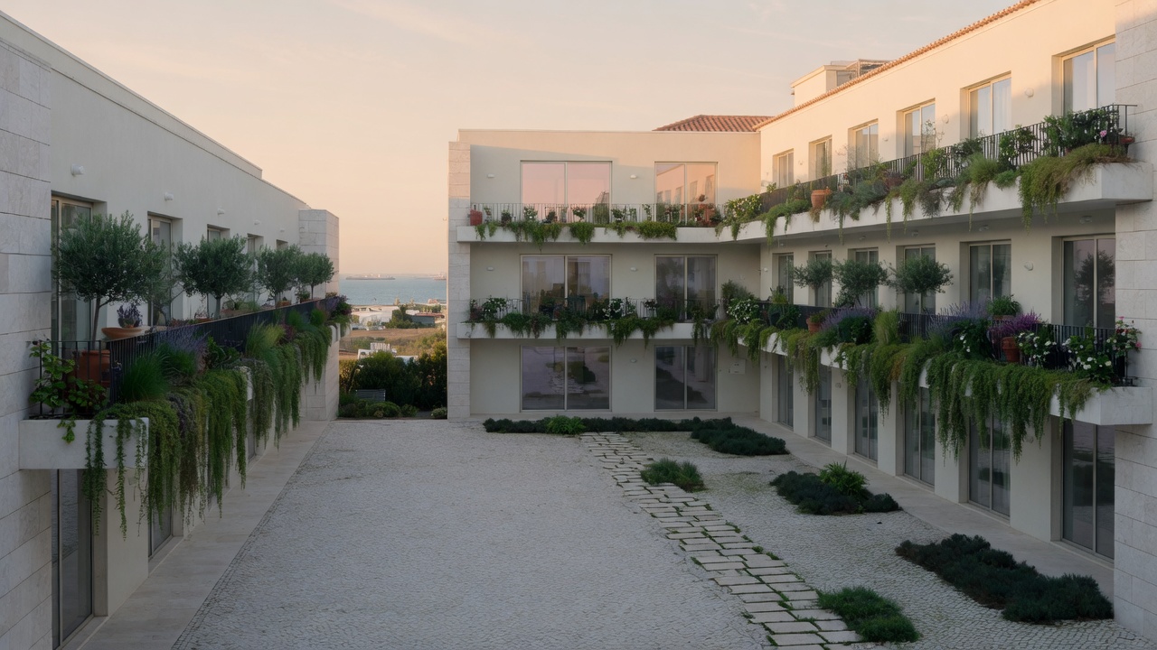 Imagem de apresentação: pátio residencial com jardins verticais, em luz de fim de tarde.